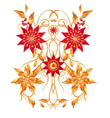 Çiçek aranjmanı, stilize edilmiş altın yapraklar ve çiçekler, parlak böğürtlenler, hassas bukleler, geometrik şekiller, desenli elementler, beyaz bir arka planda izole edilmiş. 3d oluşturma