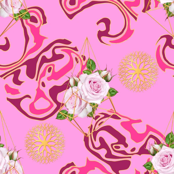 Bezszwowy Wzór Kwiatowy Bukiet Pięknych Realistycznych Różowych Róż Złote Geometryczne — Zdjęcie stockowe