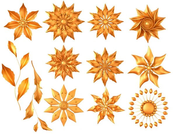 Έτοιμοι Χρυσά Κομψά Λουλούδια Κλαδιά Φύλλα Διακόσμηση Στοιχείο Paisley Rendering — Φωτογραφία Αρχείου