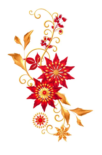Квіткова Композиція Стилізовані Золоті Листя Квіти Блискучі Ягоди Ніжні Завитки — стокове фото
