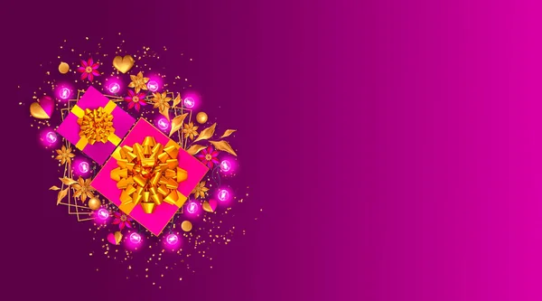 Elegantní Pestrobarevné Blahopřání Pozadí Svítící Žárovky Věnce Zlaté Dekorativní Květiny — Stock fotografie