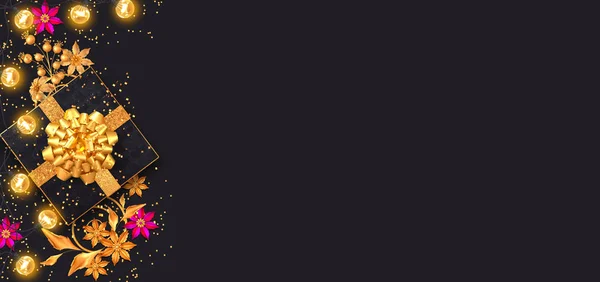 Weihnachtsschwarz Dunkler Hintergrund Geschenkschachteln Mit Goldener Schleife Glänzendes Lametta Konfetti — Stockfoto