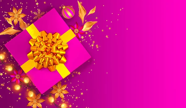 圣诞鲜艳的粉色背景 装饰着金黄色大蝴蝶结的礼品盒 闪亮的金银花 五彩纸屑 装饰品 新年快乐 3D渲染 — 图库照片