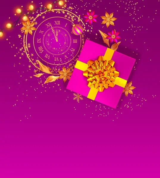 Різдвяний Яскравий Рожевий Фон Подарункові Коробки Прикрашені Золотим Великим Луком — стокове фото