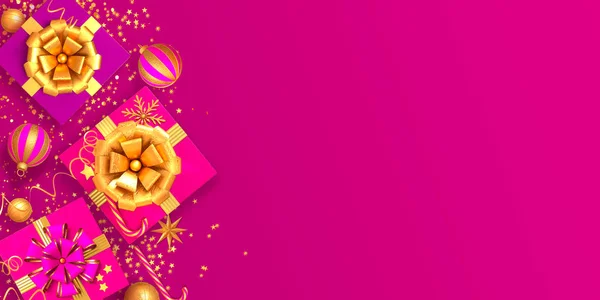 Weihnachten Leuchtend Rosa Hintergrund Geschenkschachteln Mit Goldener Großer Schleife Glänzendes — Stockfoto