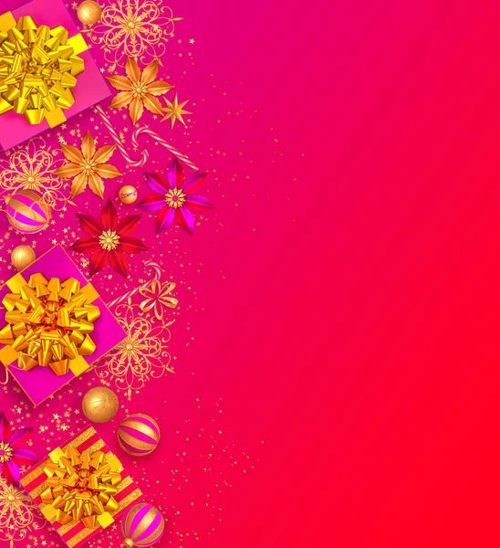 Natal Fundo Rosa Brilhante Caixas Presente Decoradas Com Grande Arco — Fotografia de Stock