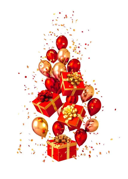 Natale Sfondo Rosso Brillante Scatole Volanti Decorate Con Fiocchi Oro — Foto Stock