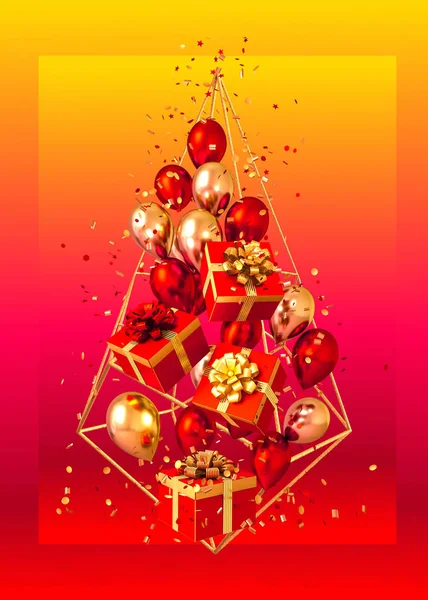 圣诞明亮的红色背景 饰有金色蝴蝶结的飞盒 闪闪发光的意粉 金银花 五彩斑斓的空气凝胶球 3D渲染 — 图库照片