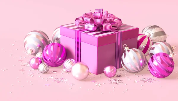 Kerst Pastel Achtergrond Lichtroze Lila Geschenkdoos Versierd Met Een Glanzende — Stockfoto