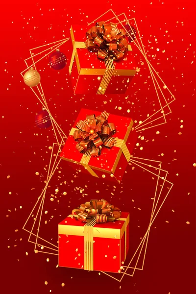 Christmas Bright Red Background Flying Boxes Decorated Gold Bow Sparkling — Stock Photo, Image