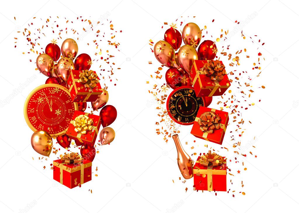 Christmas bright red background, flying boxes decorated with gold bows, sparkling confetti, tinsel, colorful airborne gel balls, decorated bottle, clock, New Year, 3D rendering, isolated on white background