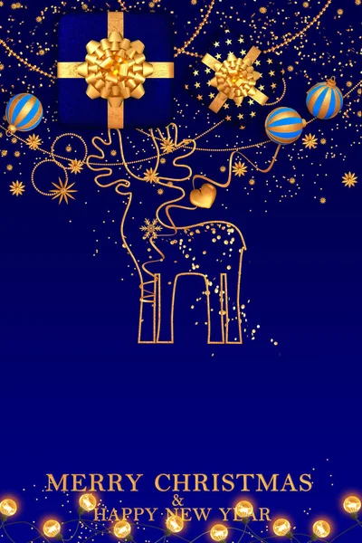 Χριστουγεννιάτικο Φωτεινό Μπλε Φόντο Κουτιά Δώρων Διακοσμημένα Ένα Χρυσό Μεγάλο — Φωτογραφία Αρχείου