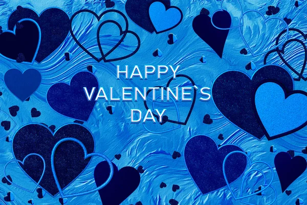 Valentine Day Romantic Decoration Dark Blue Volumetric Hearts Tinsel Confetti — Stock Photo, Image