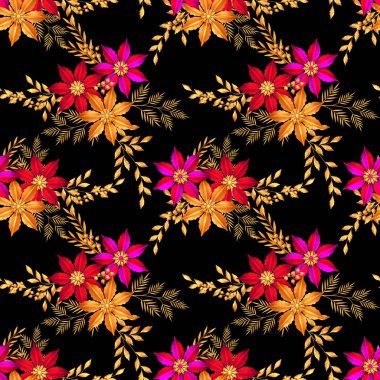 stilize edilmiş altın yapraklar ve çiçekler, parlak böğürtlenler, narin bukleler, geometrik şekiller, desenli elementler, pürüzsüz desenler, sınır, 3d