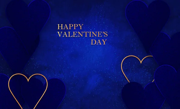 San Valentino Decorazione Romantica Cuori Blu Scuro Oro Fili Lame — Foto Stock