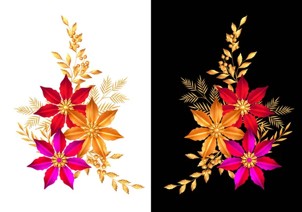 様式化された黄金の葉と花 光沢のある果実 繊細なカール 幾何学的形状 ペイズリーの要素は 白い背景に隔離されています 3Dレンダリング — ストック写真