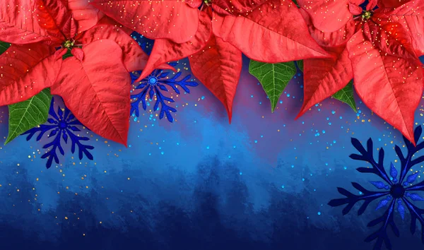 Natal Fundo Azul Brilhante Flor Poinsettia Vermelho Ouropel Brilhante Confete — Fotografia de Stock