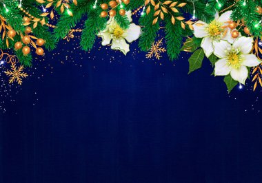 Noel arkaplanı, parlak mavi süs, konfeti, balolar, şenlikli köknar ağacı, aydınlatma ışıkları, beyaz çiçek delikleri, böğürtlen dalı, mutlu yıllar, 3D yorumlama, karışık medya