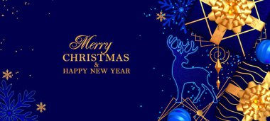 Noel parlak mavi arka plan, süslemeli hediye kutuları altın büyük bir yay, parlak süslemeler, konfeti, toplar, geyik, aydınlatma ışıkları, elektrik çelengi, mutlu yıllar, 3D yorumlama, karışık medya