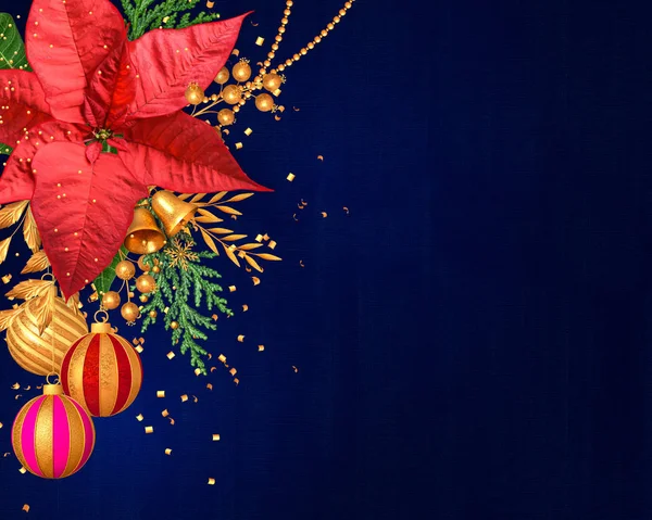 Kerst Heldere Blauwe Achtergrond Rode Poinsettia Bloem Glanzend Tinsel Confetti — Stockfoto