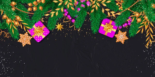 クリスマス明るい青の背景 光沢のあるティンセル コンフェッティ ボール お祝いの装飾モミの木 ベリーの枝 ギフトボックス ハッピーニューイヤー 3Dレンダリング 混合メディア — ストック写真