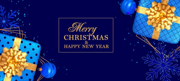 Kerst Heldere Blauwe Achtergrond Geschenkdozen Versierd Met Een Gouden Grote — Stockfoto