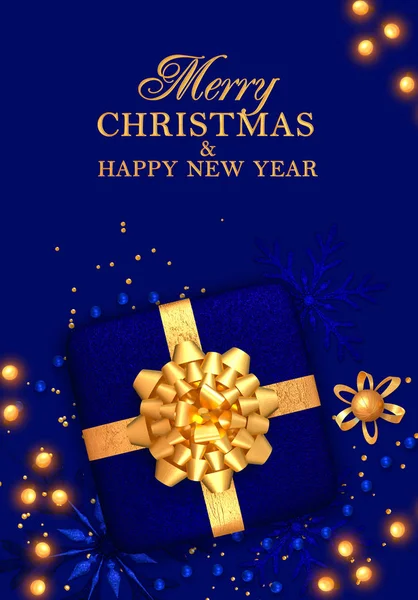 Vánoce Jasně Modré Pozadí Dárkové Krabice Zdobené Zlatý Velký Luk — Stock fotografie