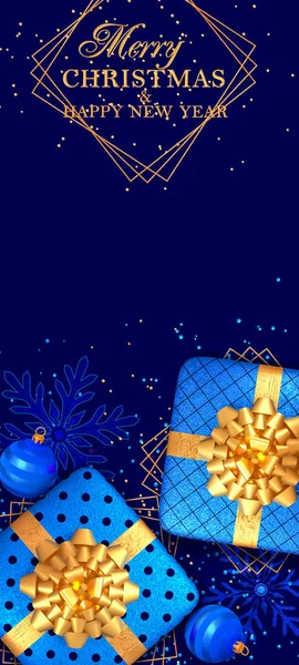 Christmas Bright Blue Background Gift Boxes Decorated Golden Big Bow — Stock Photo, Image