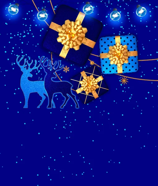 Jul Ljusblå Bakgrund Presentförpackningar Dekorerade Med Gyllene Stor Båge Glänsande — Stockfoto