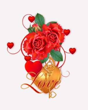 Sevgililer Günü için romantik süsleme, kırmızı kalp, gül çiçeği, altın anahtar, dekoratif stil yapraklar, kolye, kalp şeklinde altın kilit, 3D görüntüleme, karışık ortam