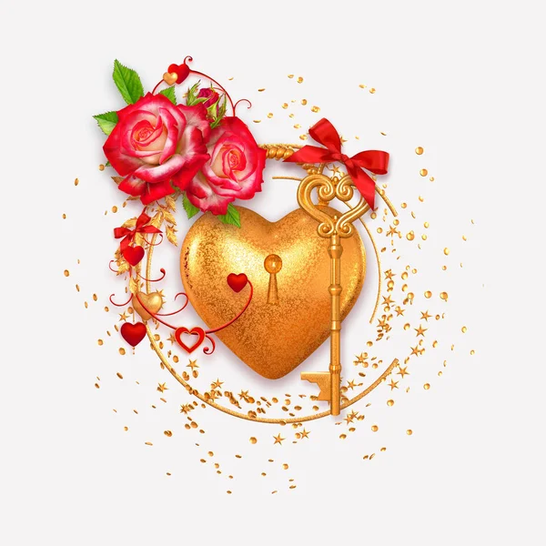 Valentinstag Romantische Dekoration Rotes Herz Rosenblume Goldener Schlüssel Dekorative Stilisierte — Stockfoto
