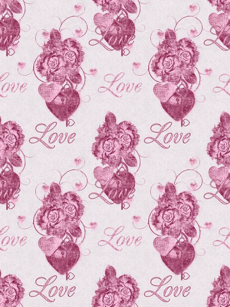 Valentinstag Romantische Dekoration Monochrom Herz Rosenblüte Schlüssel Dekorative Stilisierte Blätter — Stockfoto