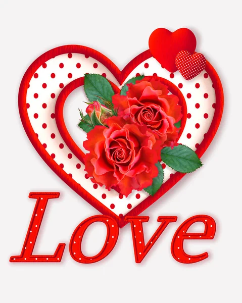 バレンタインデーロマンチックな装飾 赤いハート バラの花 弓の装飾 美しいフレーム 3Dレンダリング 混合メディア — ストック写真