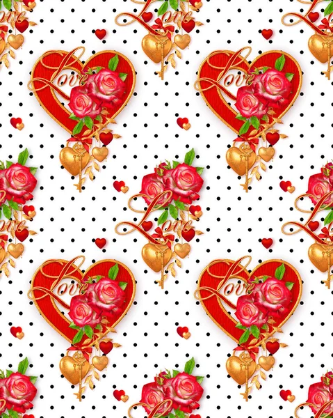 バレンタインデーロマンチックな装飾 赤いハート バラの花 黄金の鍵 装飾的なスタイルの葉 ペンダント 3Dレンダリング 混合メディア シームレスなパターン — ストック写真