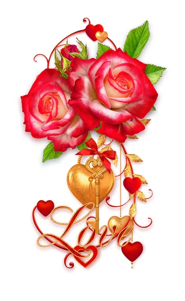 Walentynki Romantyczna Dekoracja Czerwone Serce Kwiat Róży Złoty Klucz Dekoracyjne — Zdjęcie stockowe