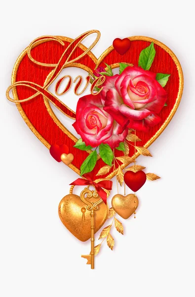 Valentine Day Romantic Decoration Red Heart Rose Flower Golden Key — 스톡 사진