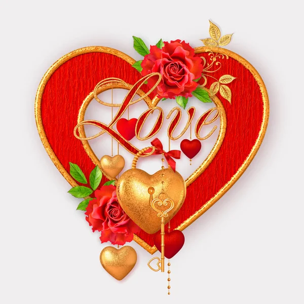 Valentine Day Romantic Decoration Red Heart Rose Flower Golden Key — 스톡 사진