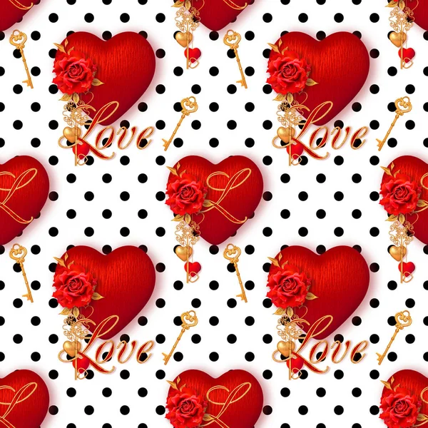 Sevgililer Günü Için Romantik Dekorasyon Kırmızı Kalp Gül Çiçeği Altın — Stok fotoğraf