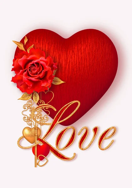Valentine\'s day romantic decoration, red heart, rose flower, golden key, decorative stylized leaves, pendant, 3D rendering, mixed media