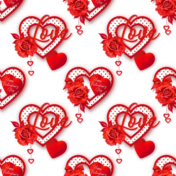 Valentine Day Romantic Decoration Seamless Pattern Rose Flower Red Heart — Stockfoto