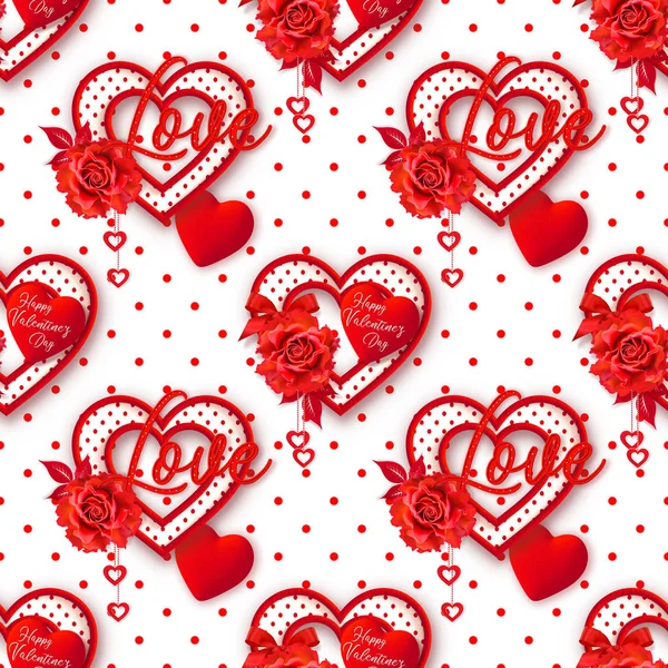 Valentin Nap Romantikus Dekoráció Zökkenőmentes Minta Rózsa Virág Vörös Szív — Stock Fotó