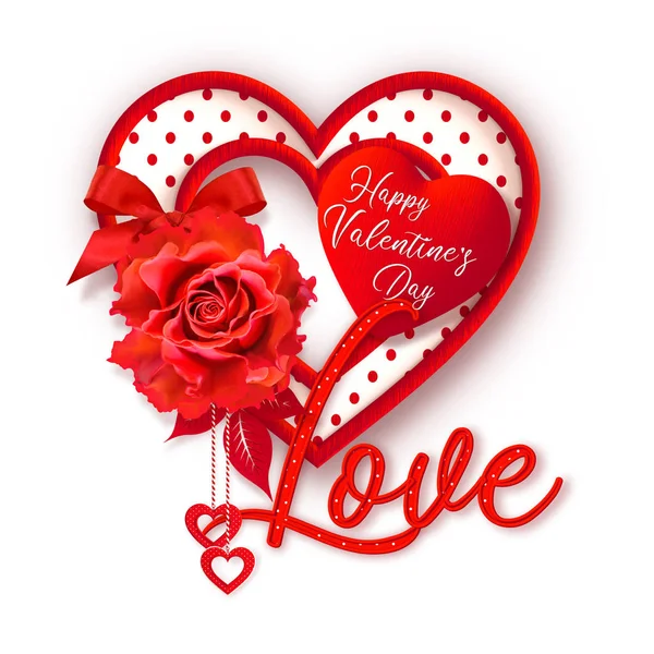 Aftelkalender Voor Valentijnsdag Romantische Decoratie Rood Hart Roos Bloem Boog — Stockfoto