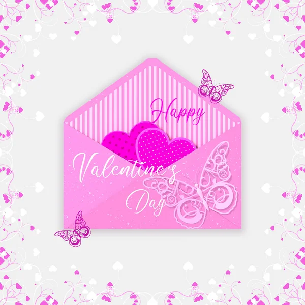 Walentynki Romantyczna Dekoracja Różowa Otwarta Koperta Serce Ażurowy Motyl Renderowanie — Zdjęcie stockowe