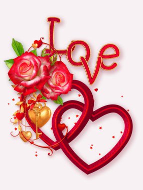 Sevgililer Günü için romantik dekorasyon, kırmızı kalp, gül çiçeği, yaylı süs, kilit, anahtar, güzel çerçeve, üç boyutlu görüntü, karışık ortam