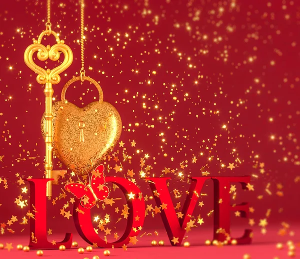 バレンタインデーのロマンチックな装飾 ハート型のロック 黄金の鍵 柔らかい焦点 テキストのための場所 3Dレンダリング ボリュームの手紙の愛 — ストック写真