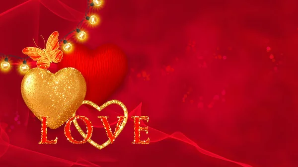 バレンタインデーのロマンチックな装飾 黄金の心 金の弓 チンセル 電気ガーランド照明 3Dレンダリング 混合メディアで飾られたギフトボックス — ストック写真