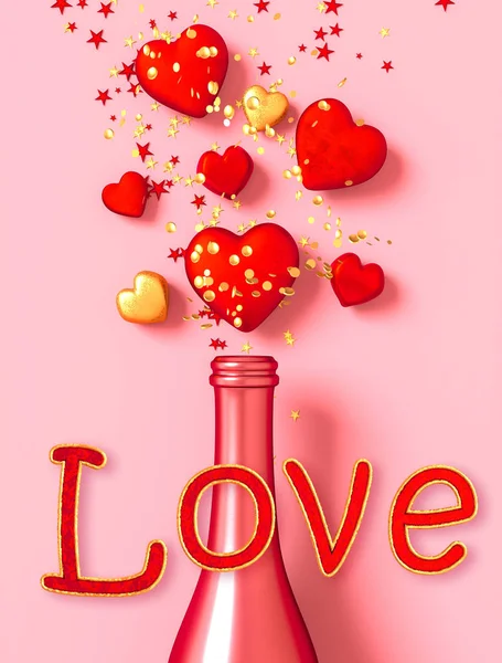 バレンタインデーのロマンチックな装飾 ゴールドボトル ピンクのボリュームのあるハート 飛行ティンセル コンフェッティ パステルカラー ミックスメディア 3Dレンダリング — ストック写真
