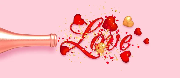 Walentynki Romantyczna Dekoracja Złota Butelka Różowe Objętościowe Serce Strzelanie Latające — Zdjęcie stockowe