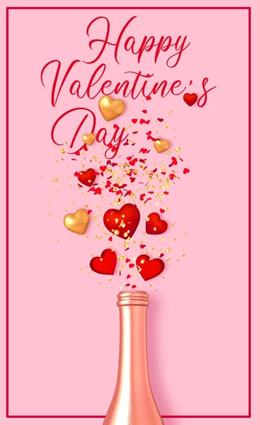 バレンタインデーのロマンチックな装飾 ゴールドボトル ピンクのボリュームのあるハート 飛行ティンセル コンフェッティ パステルカラー ミックスメディア 3Dレンダリング — ストック写真