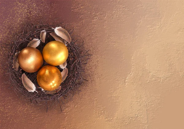 Easter festive elegant background, golden and colored eggs lie in a twisted nest, ribbon curls, feather, mixed media, place for text, 3D rendering
